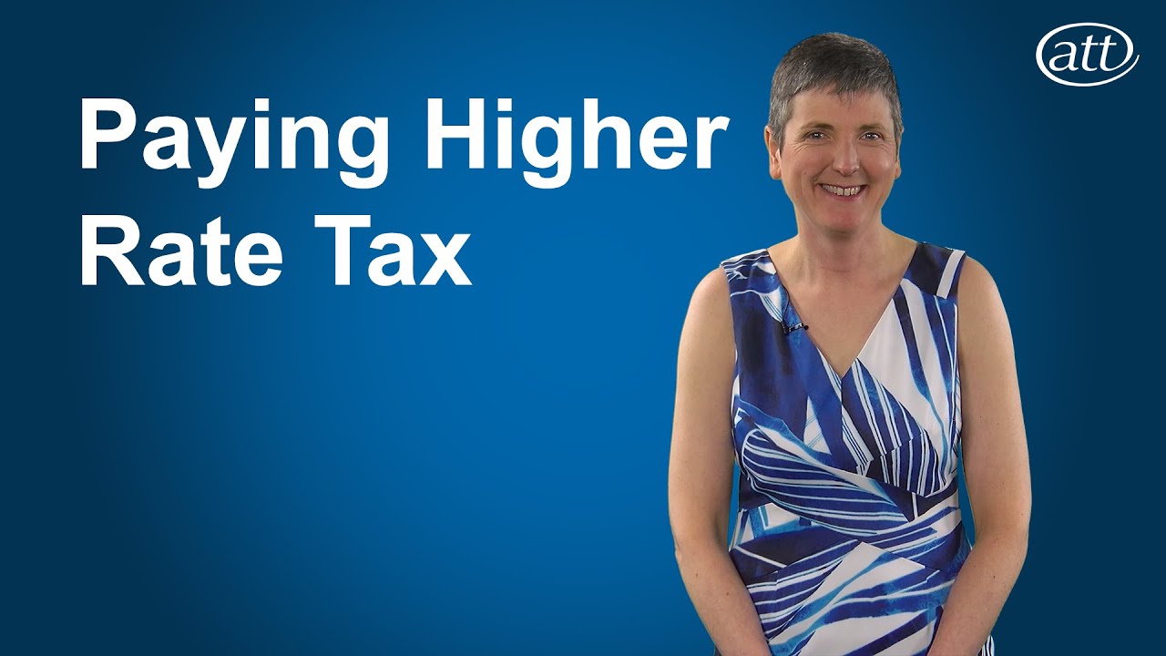 Presenter on blue background with the video title "Paying Higher Rate Tax" in white letters to her left