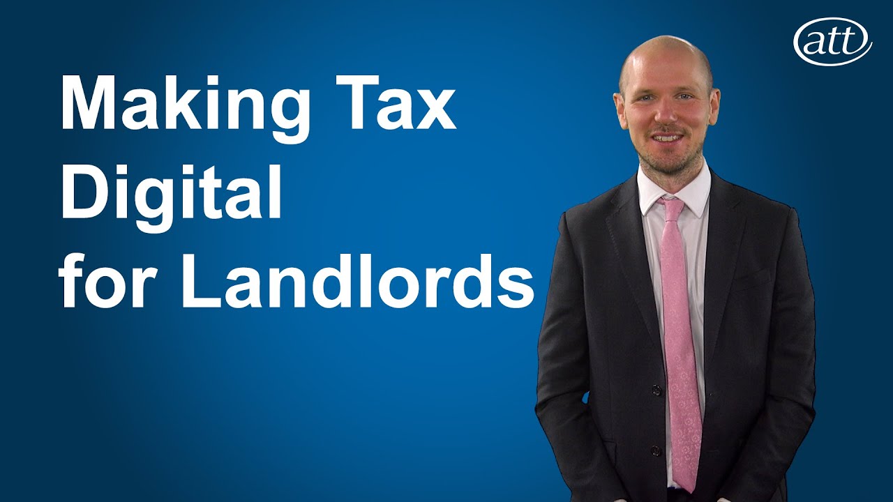 Presenter on blue background with the video title "Making Tax Digital for landlords" in white letters to his left