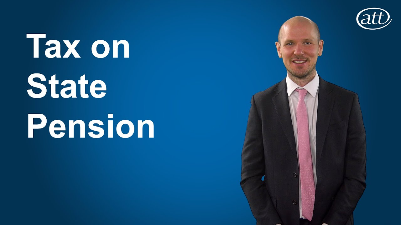 Presenter on blue background with the video title "Is the State Pension taxable?" in white letters to his left
