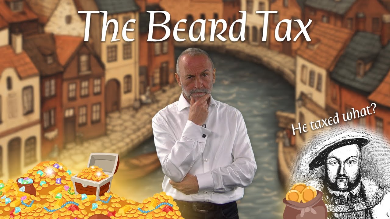 Medieval town scene with projection of the presenter stroking his beard in foreground, title "The Beard Tax" appearing above him