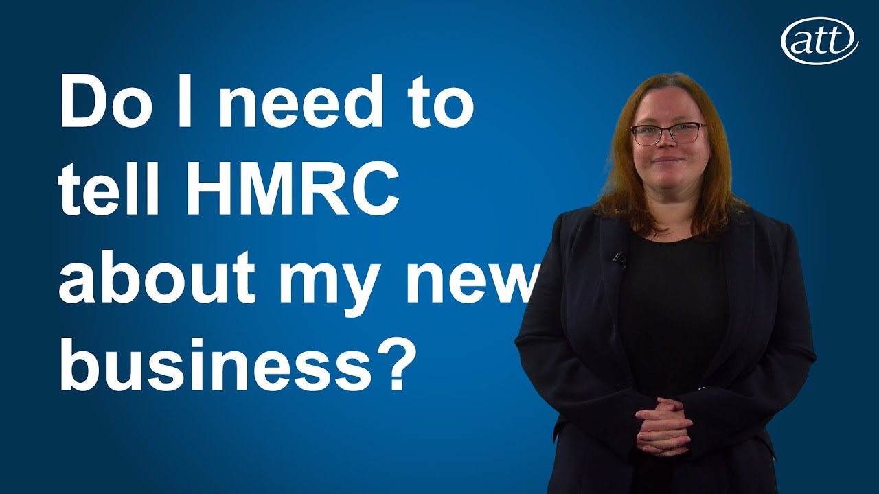 Presenter on blue background with the video title "Do I need to tell HMRC about my new business?" in white letters to her left