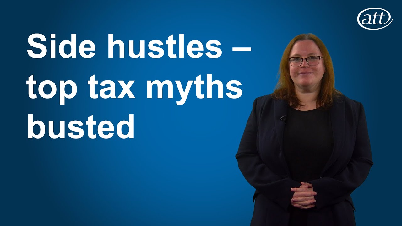 Presenter on blue background with the video title "Side hustles – top tax myths busted" in white letters to her left