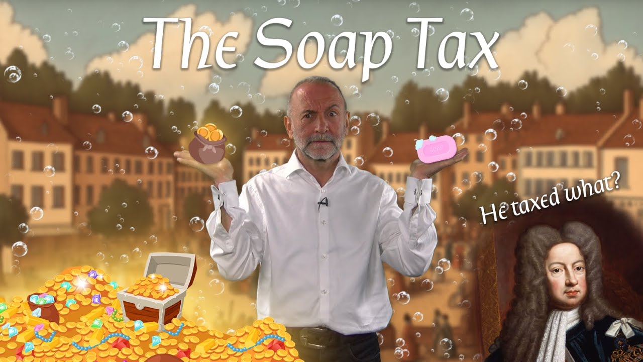 Medieval town scene with projection of the presenter in foreground holding a bar of soap and a bag of money, title "The Soap Tax" appearing above him