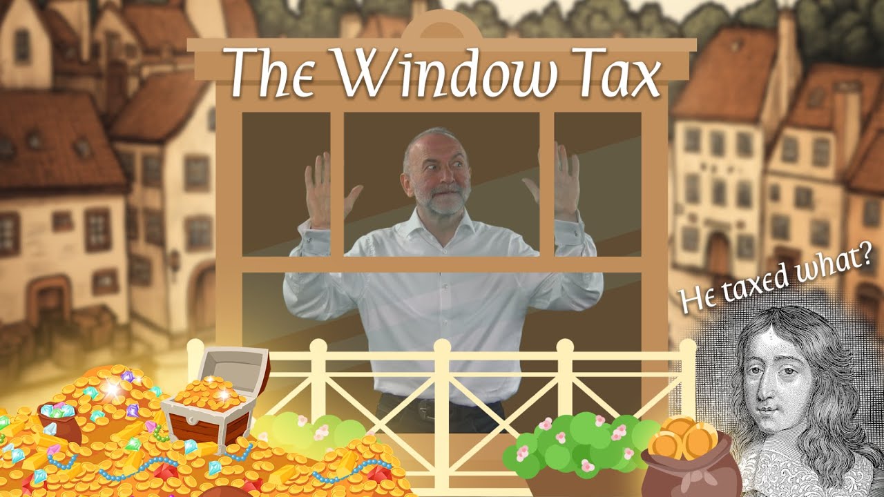 Medieval town scene with projection of the presenter behind a window in foreground, title "The Window Tax" appearing above him