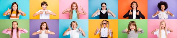 Collage of children all holding their thumbs up