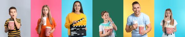 Collage of teens and children holding popcorn and clapper boards