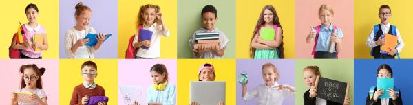 Collage of children all holding books, pens, or laptops