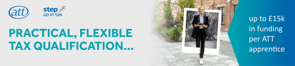 Practical, flexible tax qualification – up to £15,000 in funding per ATT apprentice. Image shows a woman walking outdoors holding a tablet