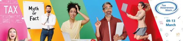 A collage of smiling people, with the Tax Awareness Week logo and dates 09-13 March