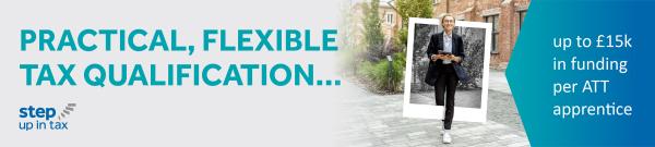 Practical, flexible tax qualification – up to £15,000 in funding per ATT apprentice. Image shows a woman walking outdoors holding a tablet