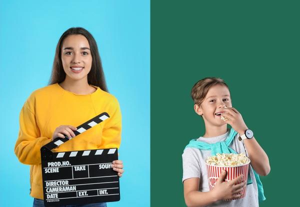 Photos of a teenager holding a clapperboard and a young boy eating popcorn