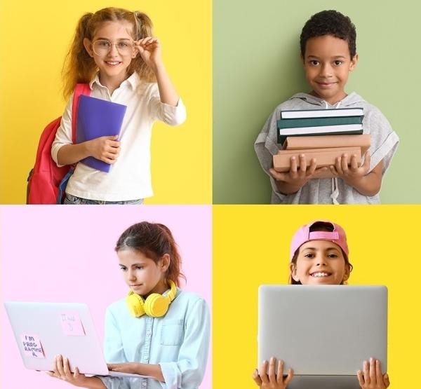 Collage of children holding books and laptops
