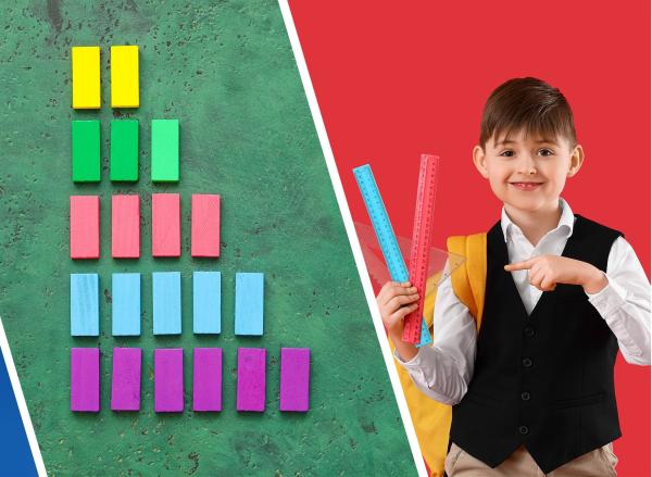 Two images showing building blocks and a young boy with rulers