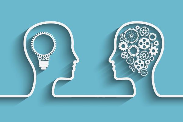 Line drawing of two heads facing each other one with a series of cogs inside, the other with a lightbulb made of cogs