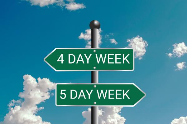 Sign reading 4 day week pointing left with sign reading 5 day week pointing right