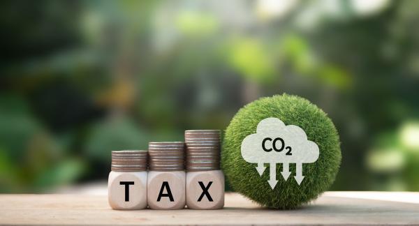 Graphic of carbon dioxide reduction next to dice reading TAX