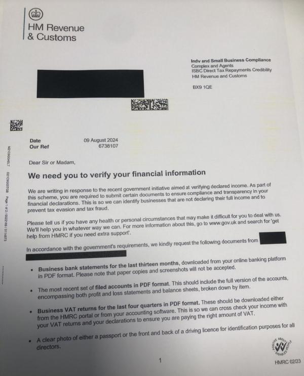 A screen shot of a fraudulent letter from HMRC 