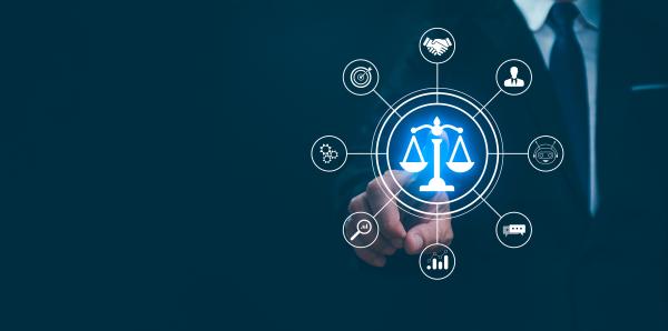Virtual image of scales of justice surrounded by various icons