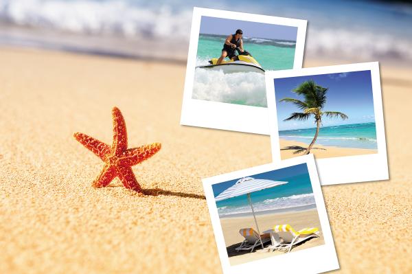 Sandy beach with a starfish in the foreground and polaroid holiday photos of beach scenes