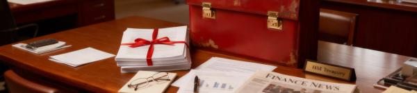 Red briefcase and finance newspaper on office desk