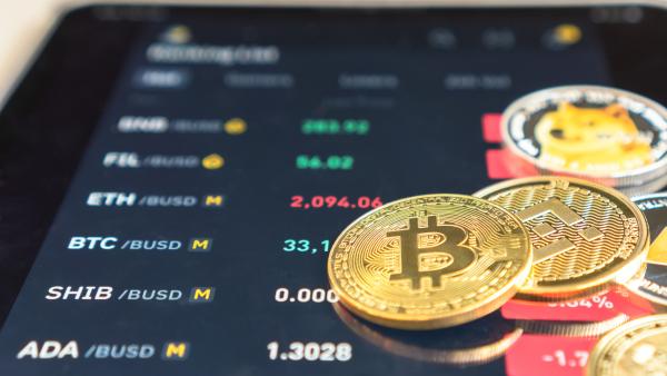 The picture shows a pile of coins with the logos of various cryptocurrencies resting on the screen of a mobile phone which is listing a series of transactions 