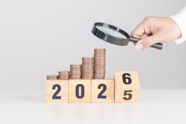 Wooden blocks reading 2025, with the 5 turning over to a 6. Coins in piles of increasing height left-to-right on top of the blocks, with a hand holding a magnifying glass above them