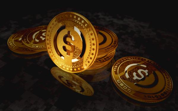 A digitally generated image of virtual coins with a dollar sign 