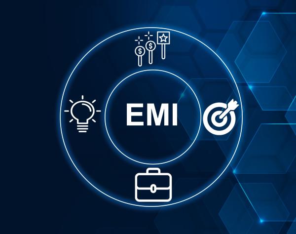 Letters "EMI" surrounded by digital graphics of dollar signs, lightbulb, briefcase, and target  