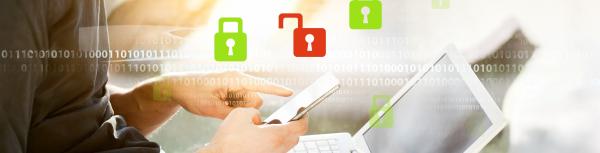 someone holding a phone and using a laptop, with lock and unlocked padlock icons hovering above