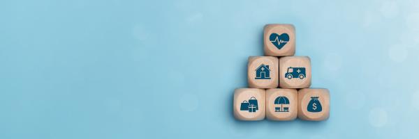 Image shows 9 wooden blocks in a triangle, each with a health or benefit icon on the front